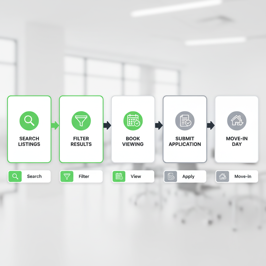 Horizontal process flow depicting the 5 steps for renters using Found Spaces: Search Listings, Filter Results, Book Viewing, Submit Application, and Move-In Day, each with a representative icon.
