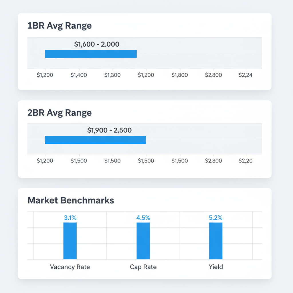 Data visualization showing average rent ranges for one-bedroom and two-bedroom apartments in Hamilton, alongside market benchmarks.