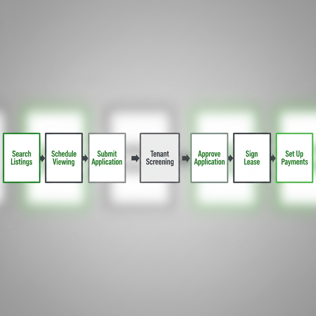 Horizontal process flow depicting the Found Spaces rental journey from searching to payment setup.