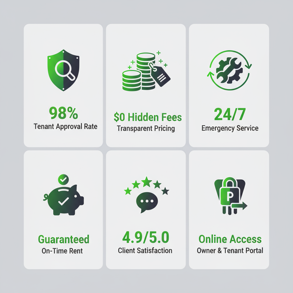Icon set illustrating key decision criteria for landlords choosing a property management provider, including screening, pricing, maintenance, guarantees, reviews, and portal access.