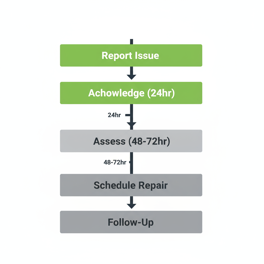 Vertical timeline illustrating the five-step property maintenance reporting and response process, from reporting an issue to follow-up confirmation.