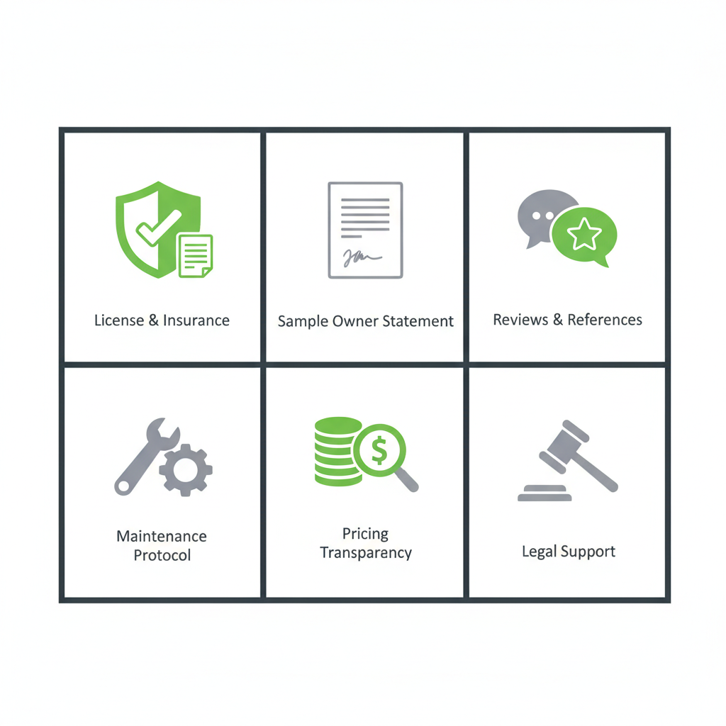 Icon set visualizing a vendor selection checklist for property managers.