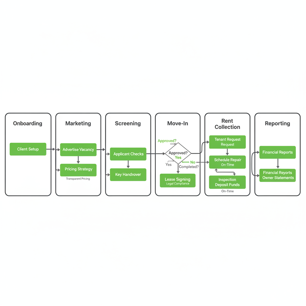 Horizontal process flow depicting the 7-step Found Spaces property management workflow in Halifax, from onboarding to reporting, highlighting transparent pricing and legal compliance.