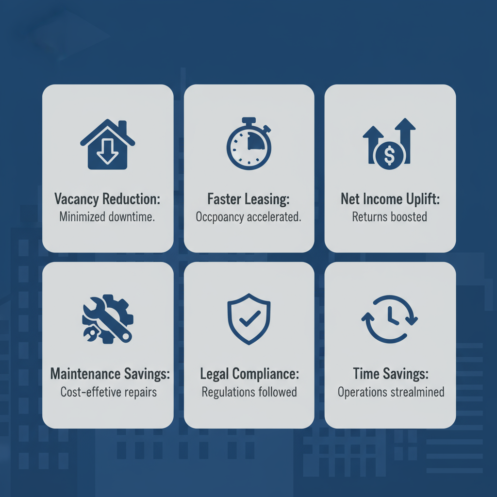 A 3x2 grid of icons visually representing six key benefits of Found Spaces professional property management for Halifax landlords, including reduced vacancies, faster leasing, and increased net income.