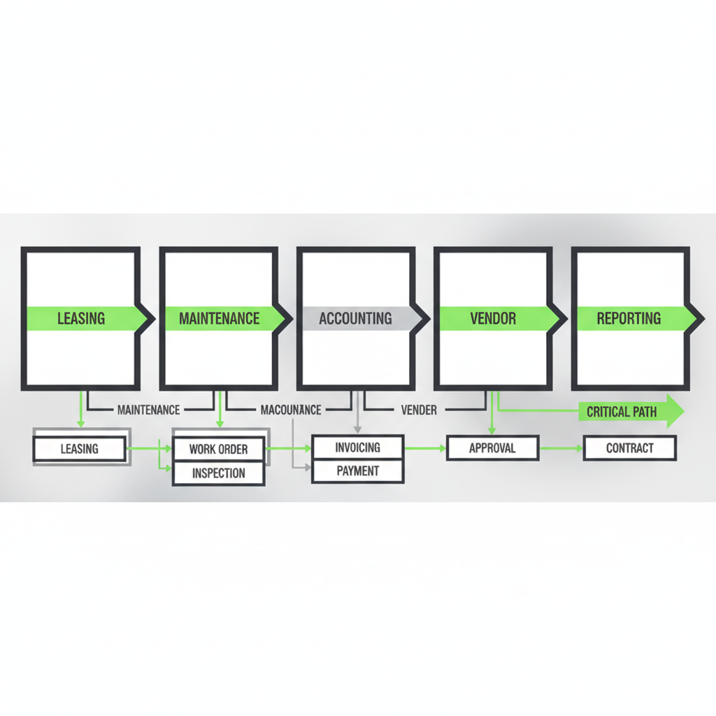 Horizontal process flow of commercial property management lifecycle including leasing, maintenance, accounting, vendor management, and reporting stages.