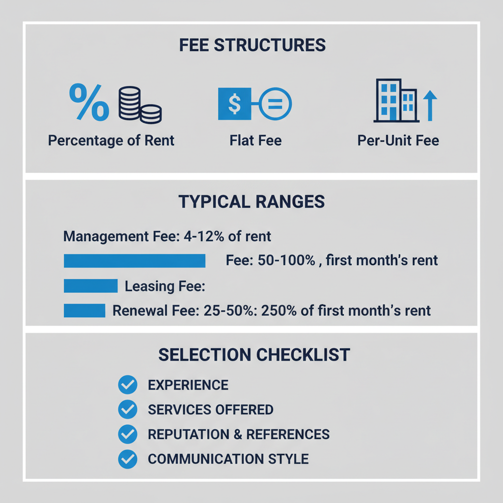 Infographic detailing commercial property management fee structures and a five-step selection checklist including experience and communication.