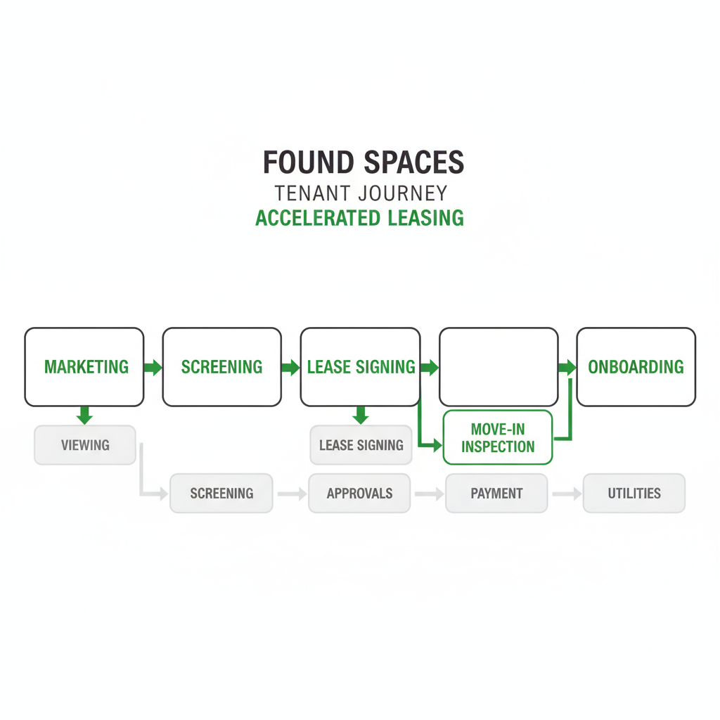 Horizontal process flow depicting the Found Spaces tenant leasing journey from property marketing to tenant onboarding and move-in inspection.