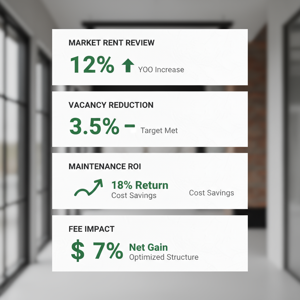 Vertical infographic showing how Found Spaces property management services increase net income through market rent review, vacancy reduction, maintenance ROI, and fee impact.