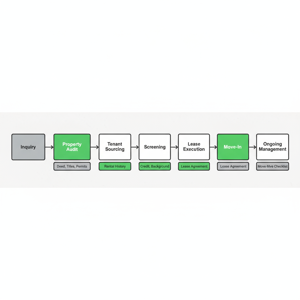Horizontal process flow illustrating Found Spaces' 7-stage property management onboarding from inquiry to ongoing management, highlighting tenant screening and rent guarantee points.