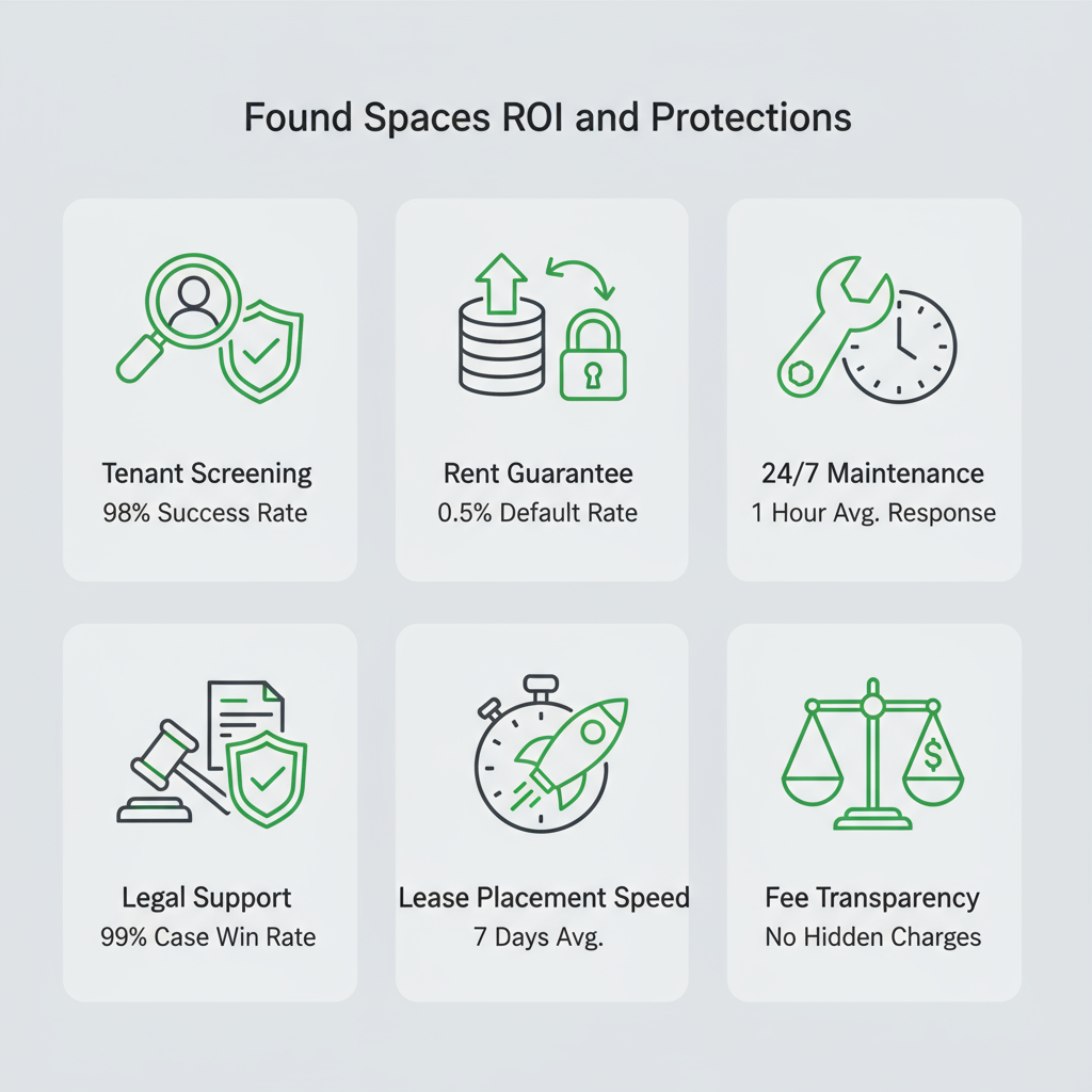 Icon set illustrating key property management benefits for landlords