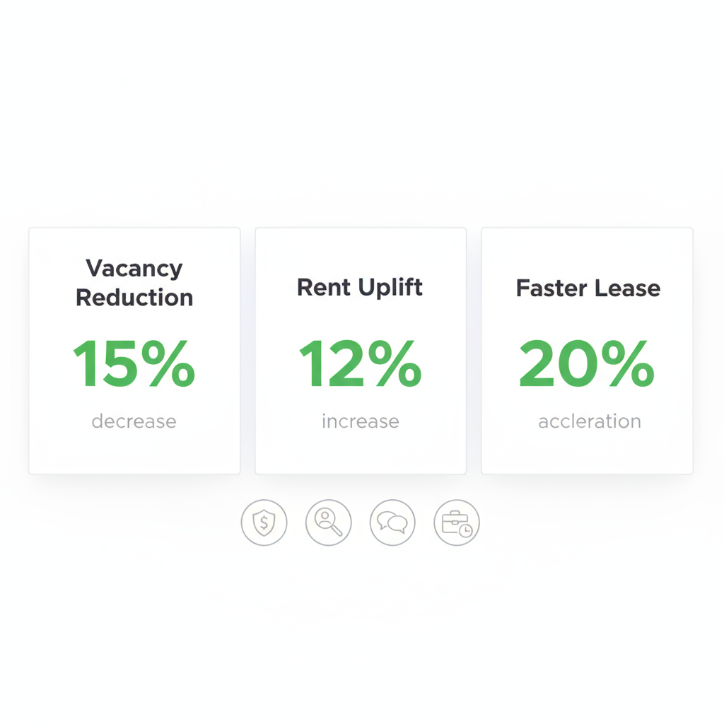 Infographic showing Found Spaces' impact on landlord ROI through vacancy reduction, rent uplift, and accelerated leasing, alongside tenant screening pillars.