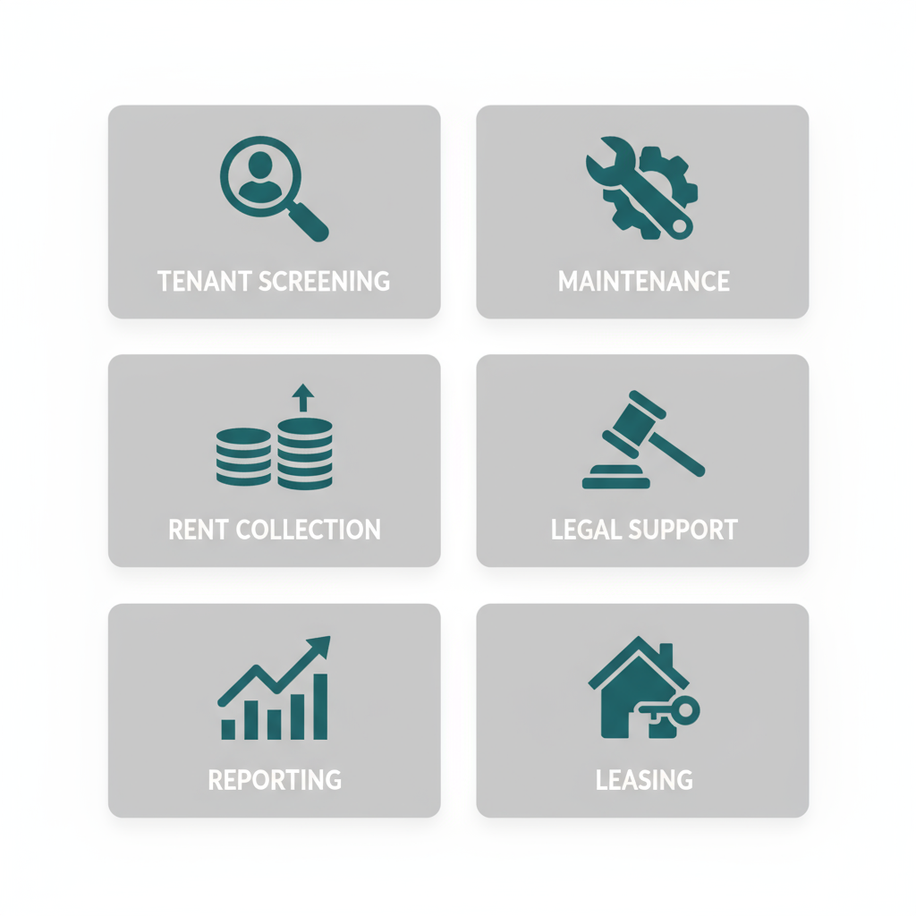 Six icons representing Found Spaces property management services: tenant screening, maintenance, rent collection, legal support, reporting, and leasing.