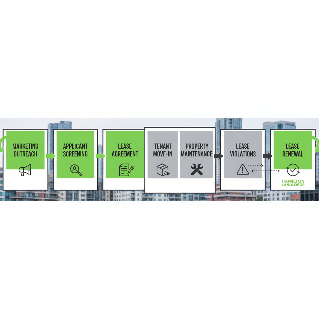 A horizontal process flow showing the seven key stages of a tenant's lifecycle, from initial marketing through lease renewal, as managed by Found Spaces for Hamilton landlords.