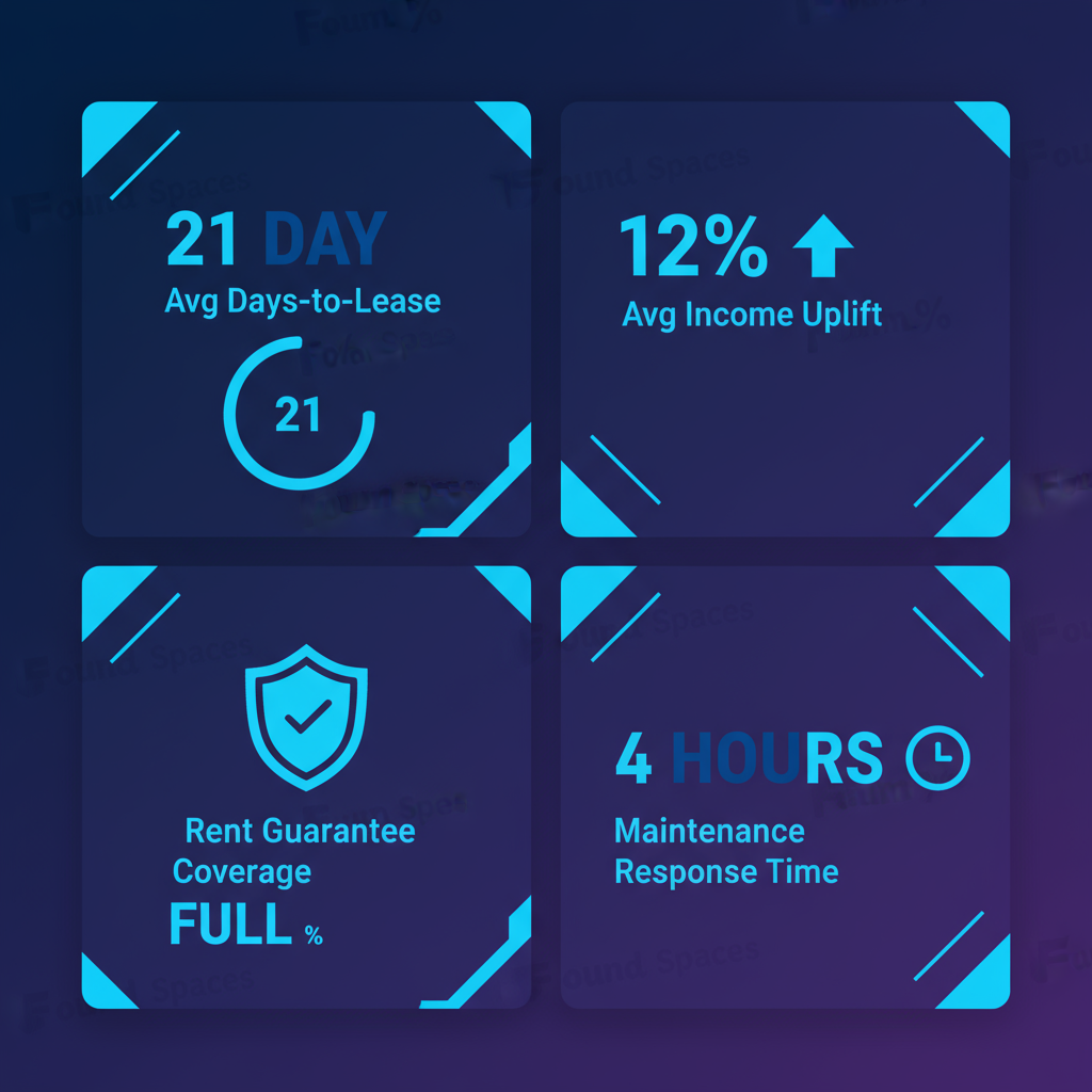 Infographic showing key performance metrics for Found Spaces property management, including average days-to-lease, income uplift, rent guarantee coverage, and maintenance response time.