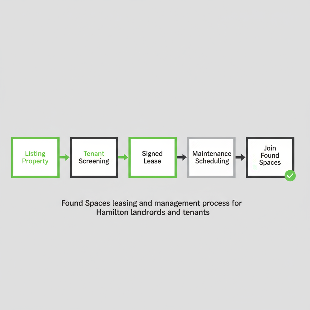 Horizontal process flow depicting Found Spaces leasing and property management steps for landlords and tenants.