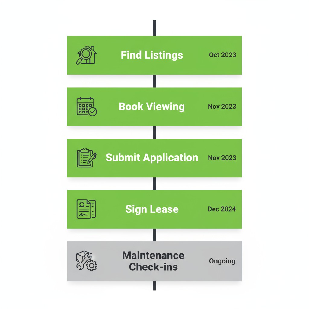 Vertical timeline illustrating the step-by-step journey for renters or landlords in Hamilton, from finding listings to maintenance check-ins, with visual icons for each stage.