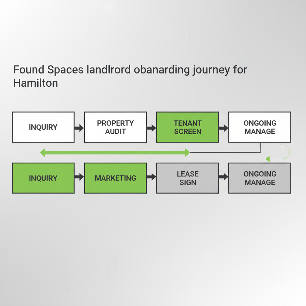 Horizontal process flow depicting Hamilton landlord onboarding journey for Found Spaces with 6 stages