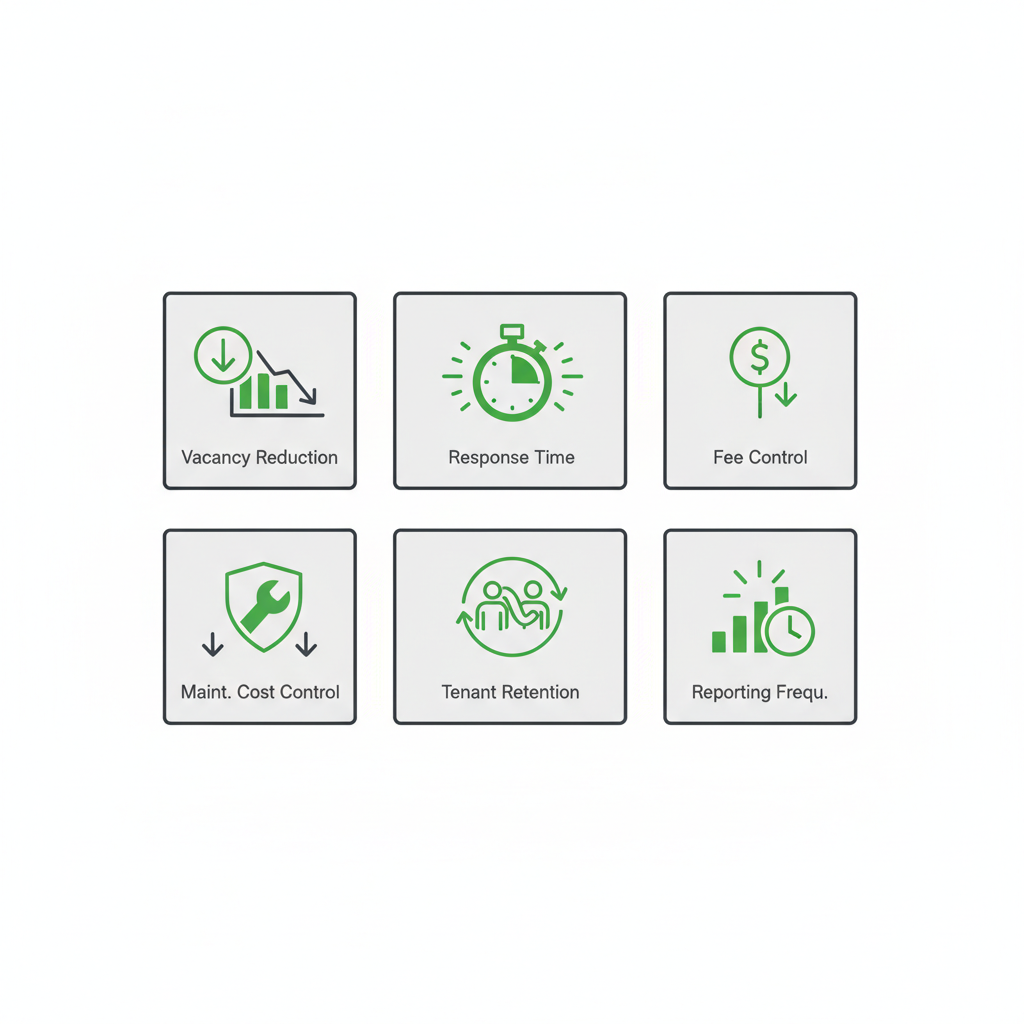 Six icons illustrating key advantages of Found Spaces property management services