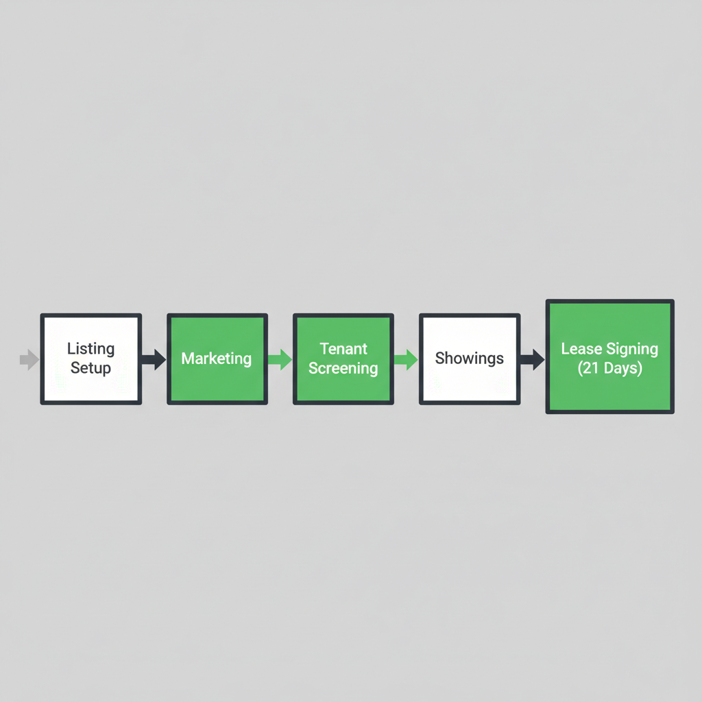 Horizontal process flow depicting Found Spaces' 5-stage leasing funnel: Listing Setup, Marketing, Tenant Screening, Showings, and Lease Signing, emphasizing the 21-day guarantee.