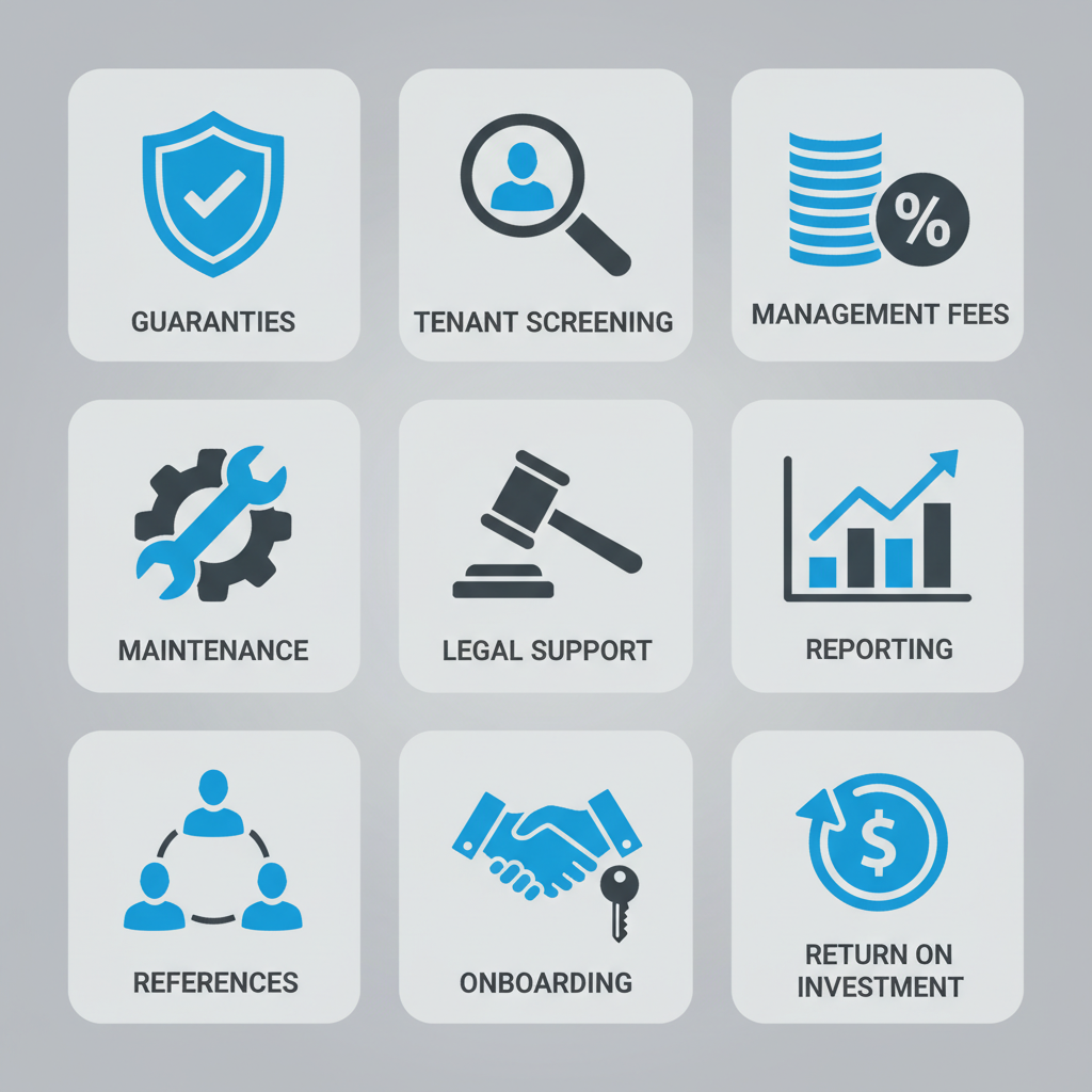 Nine iconic illustrations representing landlord selection criteria for property managers.