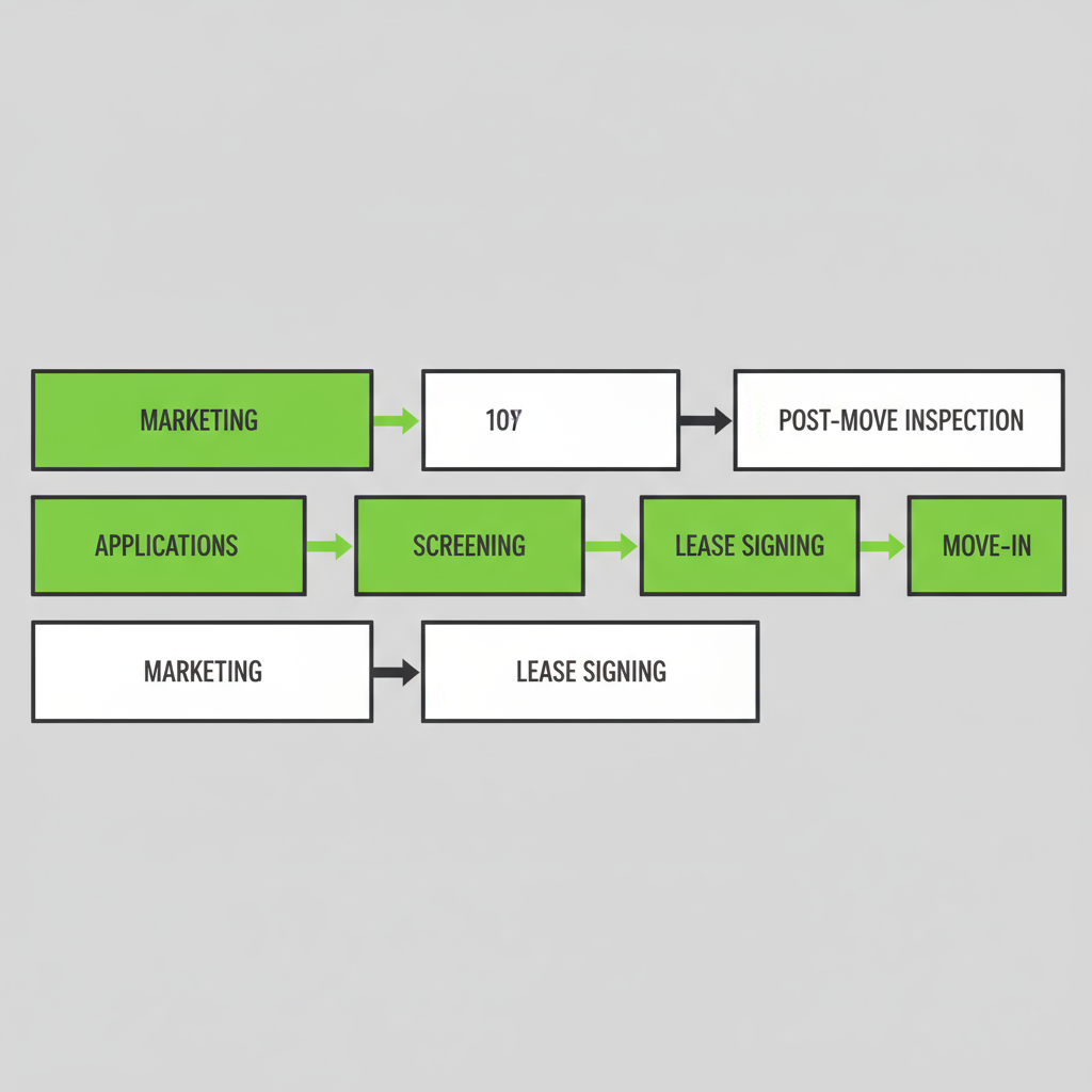 Horizontal process flow depicting Found Spaces' tenant placement journey from marketing to post-move inspection.