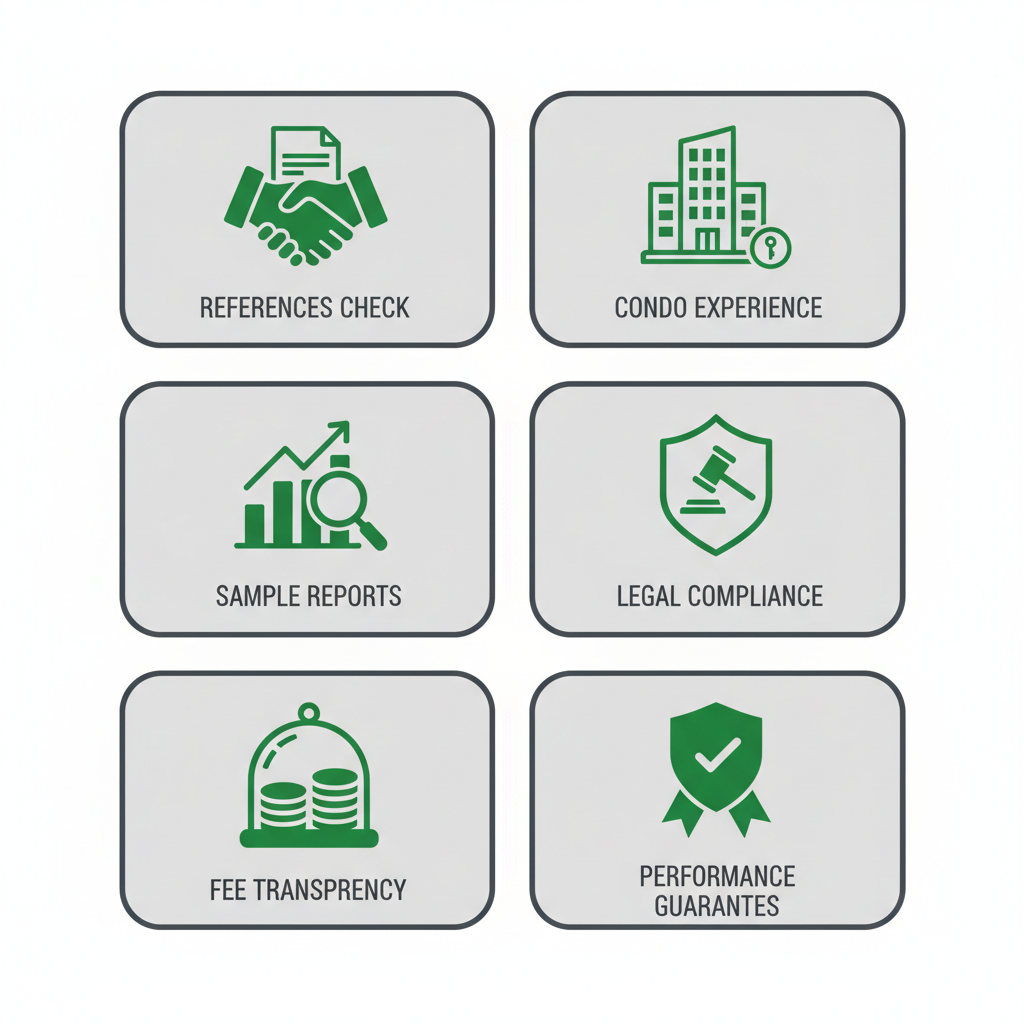 Icon set showing a checklist for vetting property managers, covering references, sample reports, fees, condo experience, legal compliance, and guarantees.