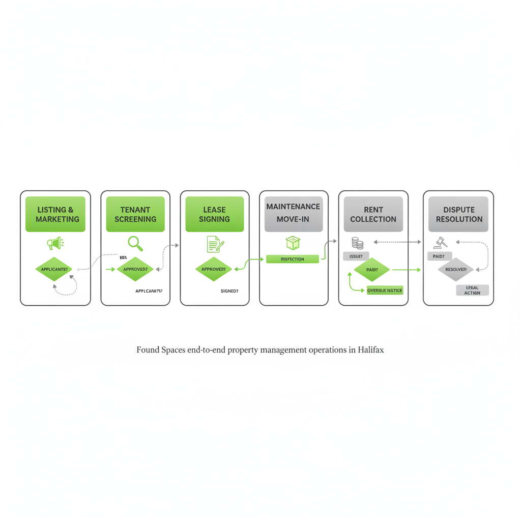 Horizontal process flow depicting Found Spaces property management from listing to dispute resolution in Halifax.