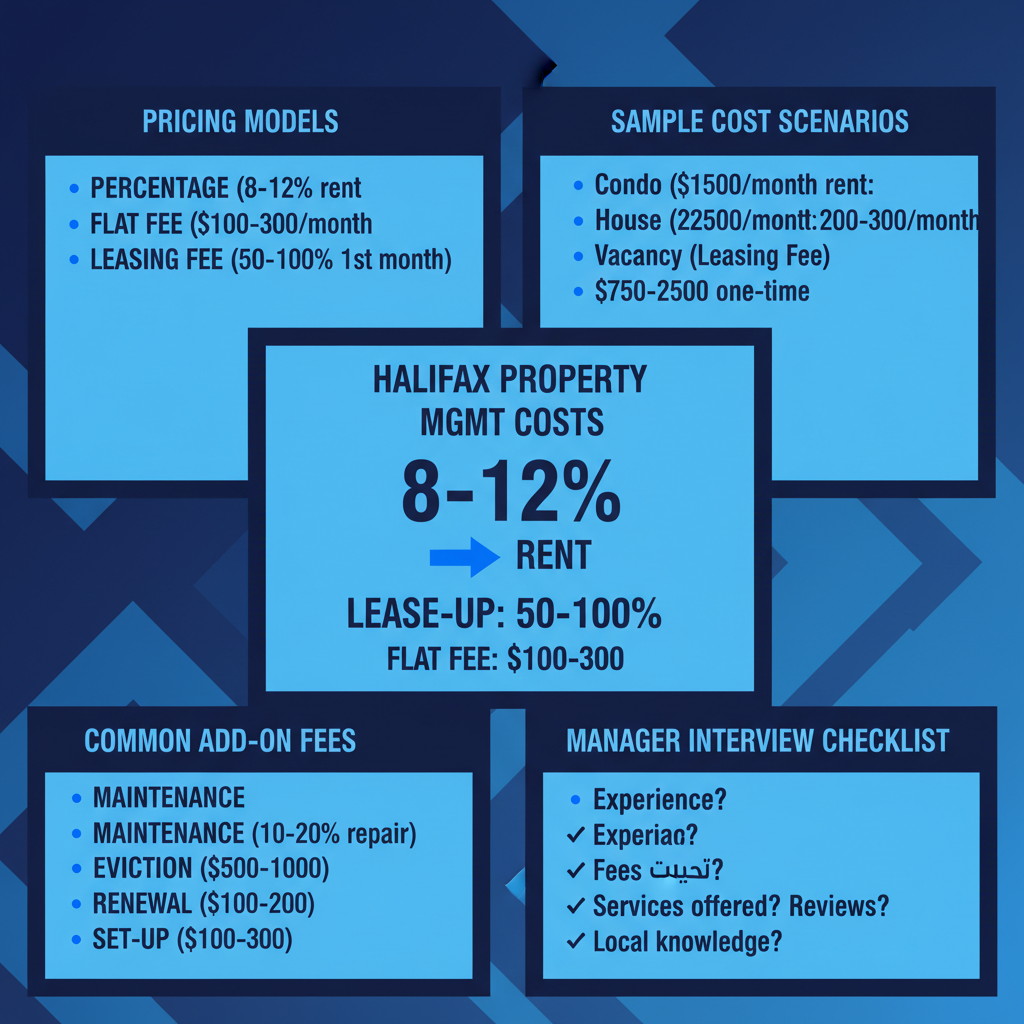 Infographic detailing Halifax property management costs, including pricing models, add-on fees, and a manager interview checklist.