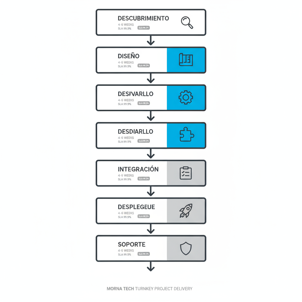 Vertical process flow illustrating Morna Tech's turnkey project delivery process, from discovery to support, with icons and timelines.