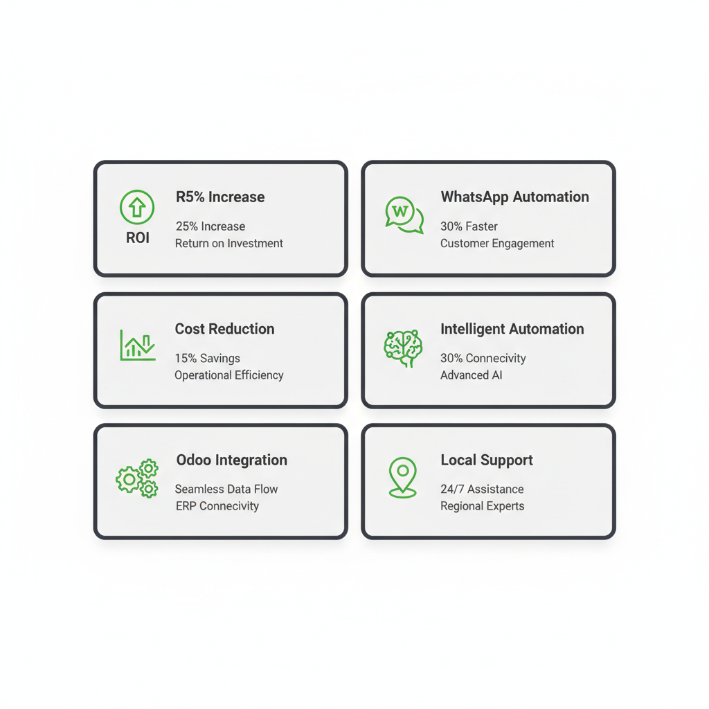 Icon set visualizing operational benefits like ROI, cost reduction, WhatsApp automation, Odoo integration, SuperAPI AI, and local support for Morna Tech's solutions.