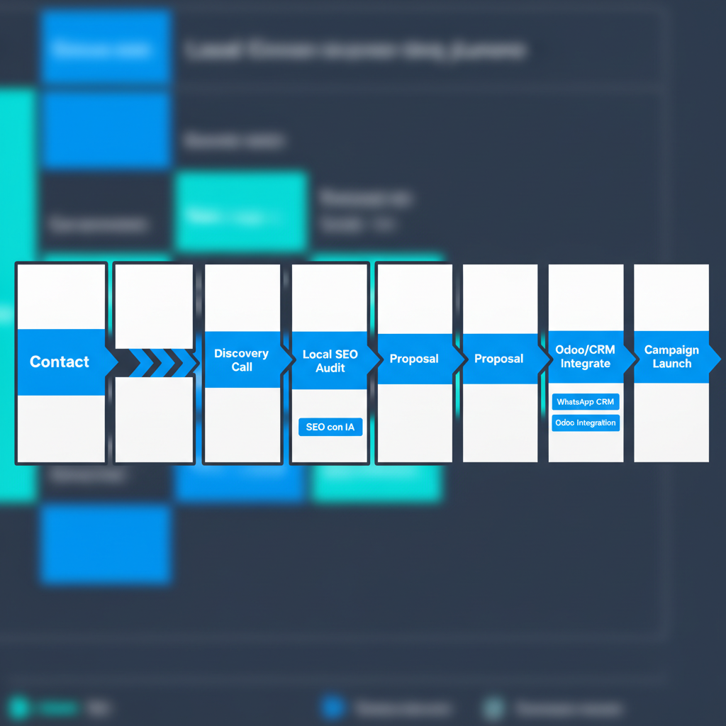 Horizontal process flow depicting Morna Tech's client onboarding journey from initial contact to campaign launch for businesses in Caracas, Venezuela.