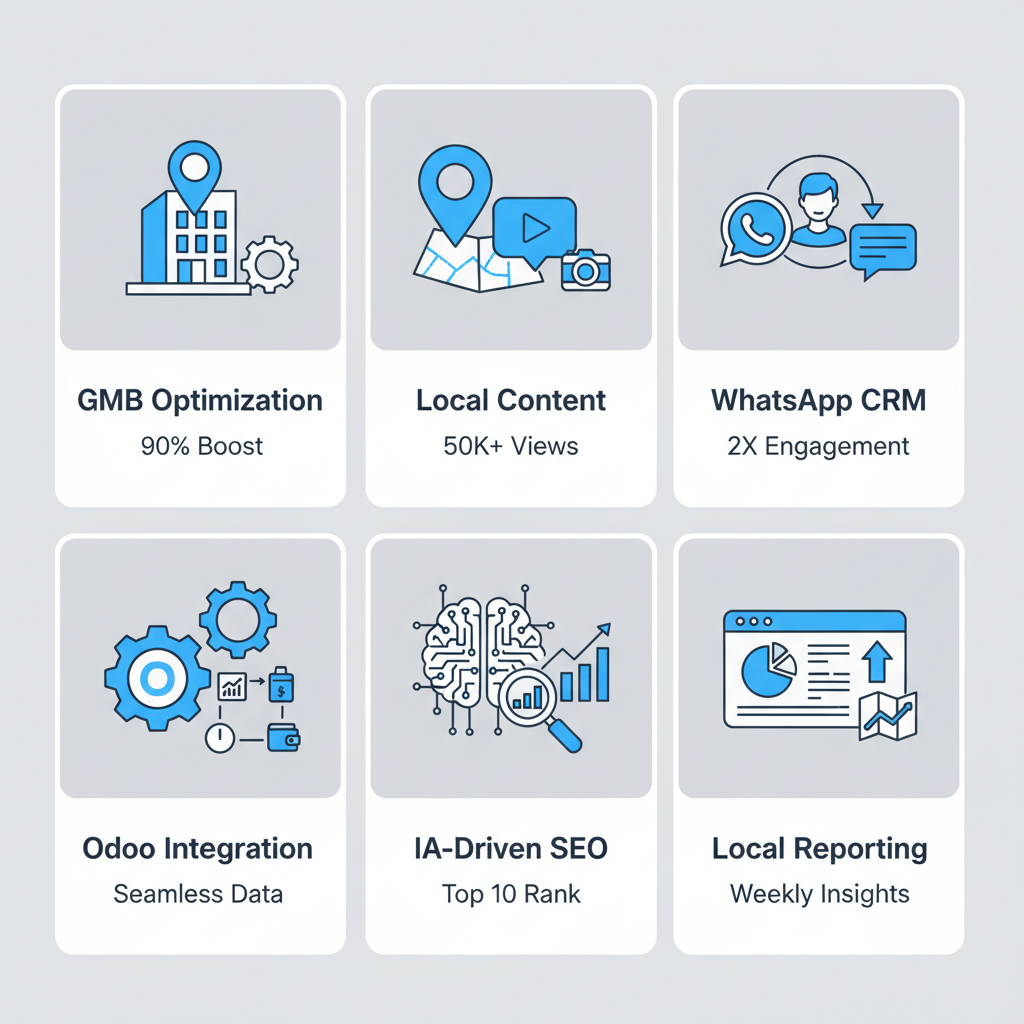 Icon set illustrating key Morna Tech services for Caracas businesses, including GMB optimization, AI-driven SEO, and Odoo integration, with placeholders for performance metrics.