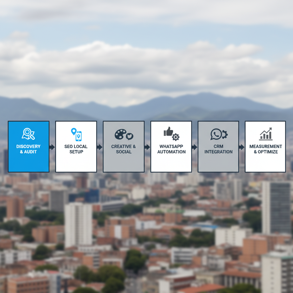 A horizontal process flow showing 6 steps for agencies to boost visibility, including SEO, social media, WhatsApp automation, and CRM integration.