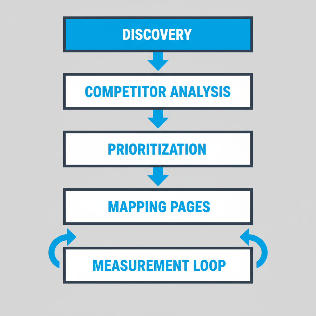 A vertical process flow illustrating the five steps of local keyword research for Venezuelan markets: Discovery, Competitor Analysis, Prioritization, Mapping to pages, and Measurement Loop.