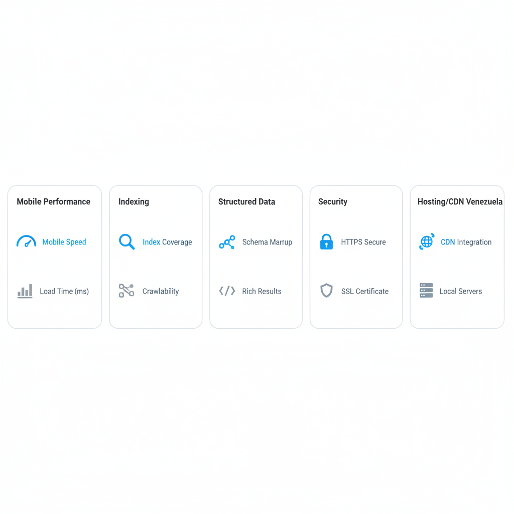 Infographic detailing a technical SEO checklist for Venezuelan websites, covering mobile performance, indexing, structured data, security, and hosting/CDN recommendations.