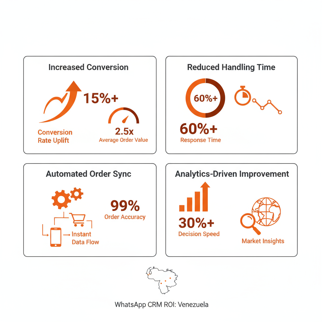 Infographic detailing the Return on Investment drivers for WhatsApp CRM in Venezuela, showing increased conversion, reduced handling time, automated order synchronization, and analytics for improvement.