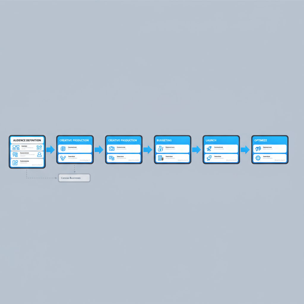 Horizontal process flow depicting Instagram Ads campaign setup for businesses in Caracas
