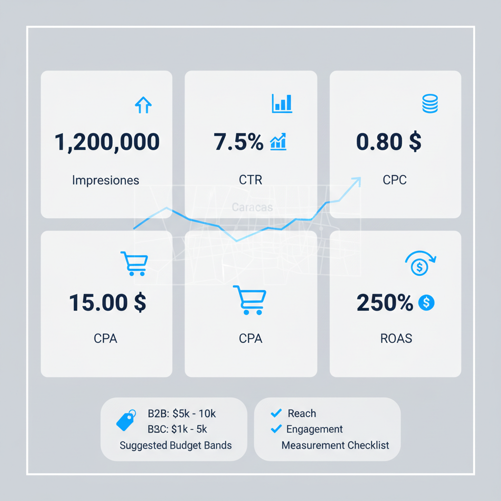 Infographic displaying key performance indicators and budget ranges for Instagram campaigns in Caracas, Venezuela, with icons for Impresiones, CTR, CPC, CPA, and ROAS. Includes recommended budget bands for B2B and B2C, along with a measurement checklist.