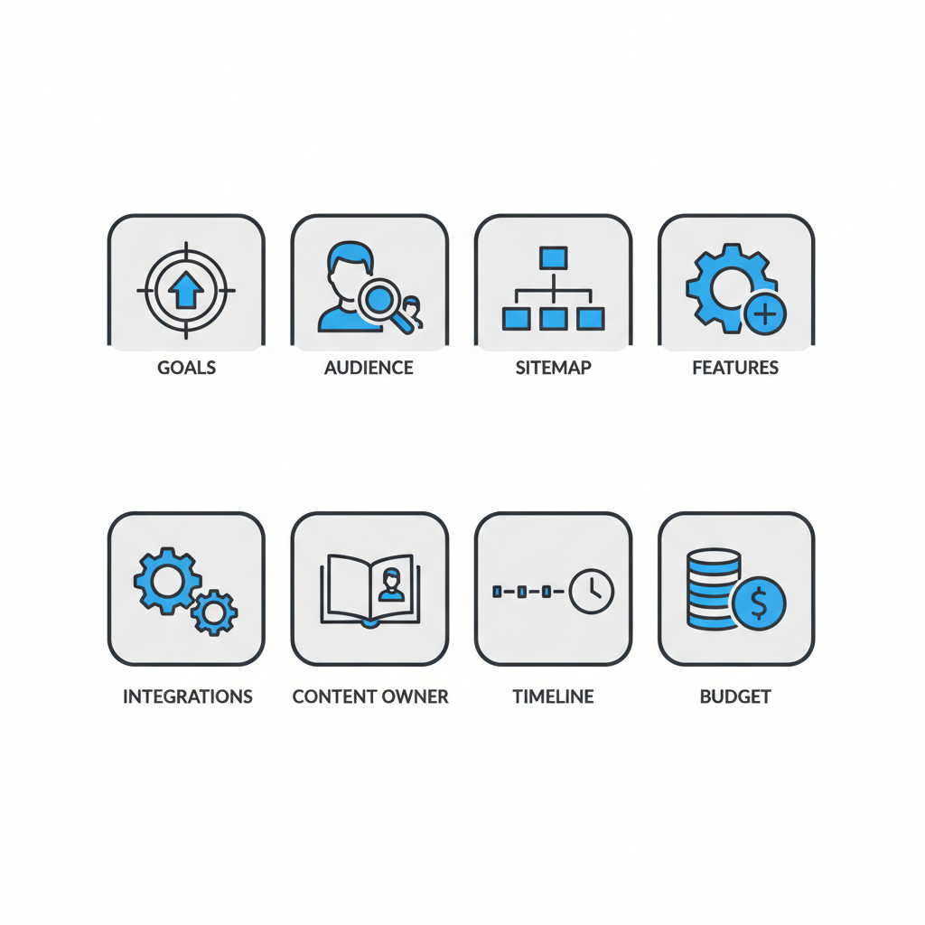 A set of 8 icons representing project brief elements like goals, audience, and budget, with a modern, technical illustration style.