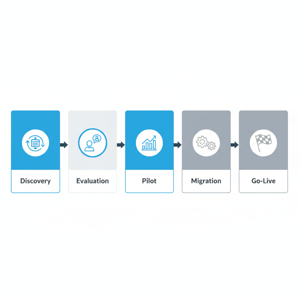 Horizontal process flow depicting a five-stage Odoo implementation timeline for small and medium-sized enterprises, including discovery, vendor evaluation, pilot, migration, and go-live.
