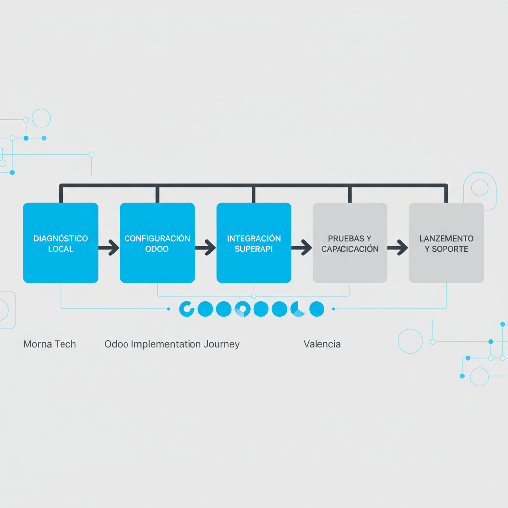 Horizontal process flow depicting Morna Tech's Odoo implementation steps in Valencia with SuperAPI integration.