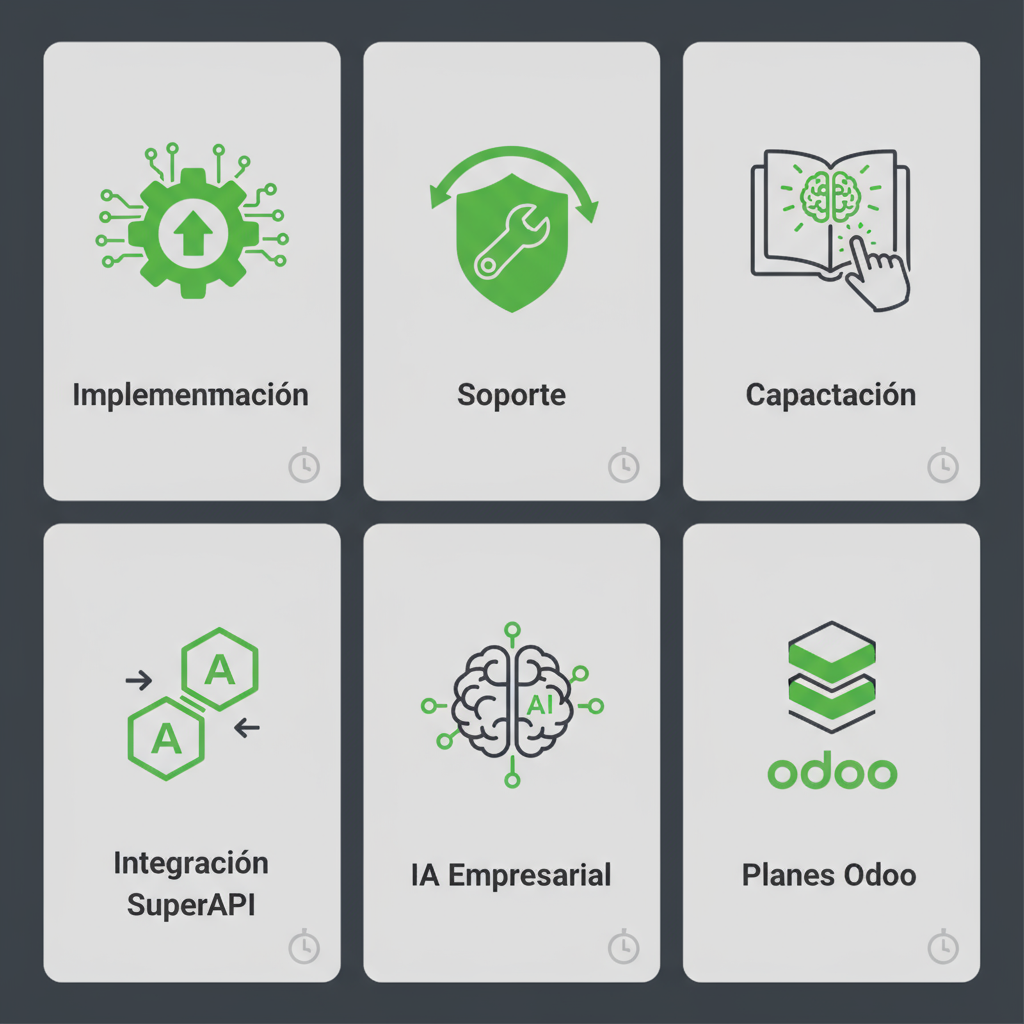 Icon set illustrating Morna Tech's six core Odoo services: Implementation, Support, Training, SuperAPI Integration, Enterprise AI, and Odoo Plans.