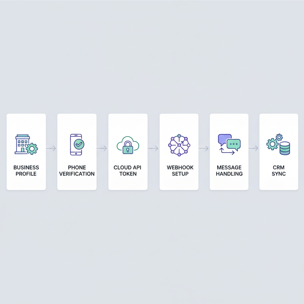Process flow illustrating the secure connection steps from WhatsApp Business Profile to Odoo CRM synchronization for AI chatbots.