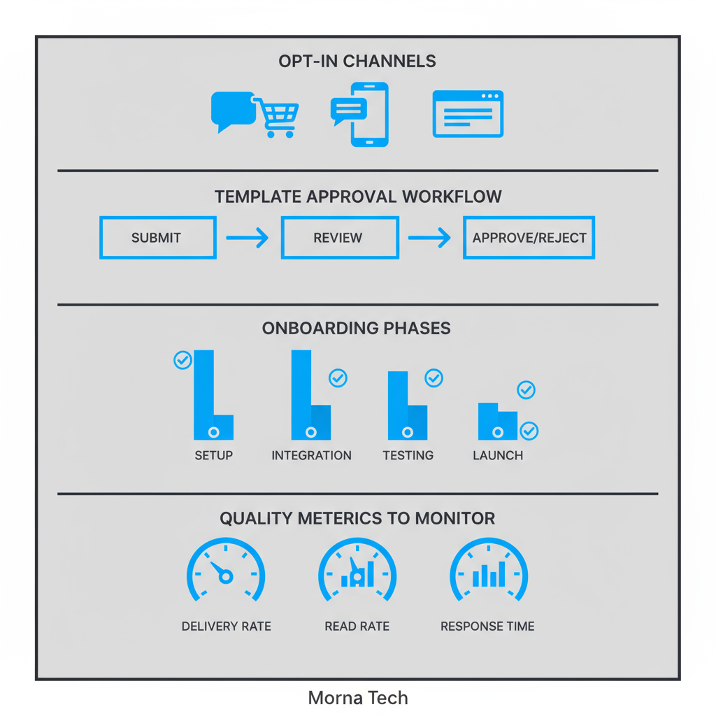 Infographic detailing WhatsApp API onboarding best practices and monitoring metrics for Morna Tech's SuperAPI service.