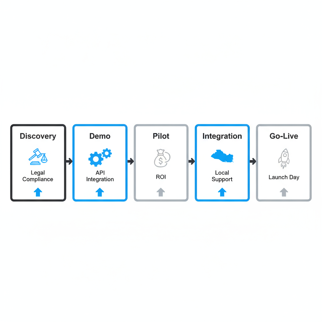Process flow illustrating the five stages of evaluating a technology supplier: Discovery, Demo, Pilot, Integration, and Go-Live, with relevant icons for each stage.