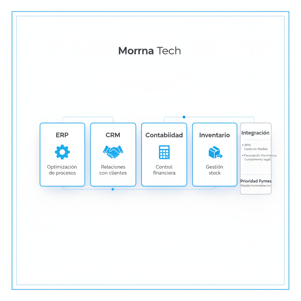 Infographic illustrating Morna Tech's core system modules like ERP, CRM, Accounting, and Inventory with benefits and integration points.