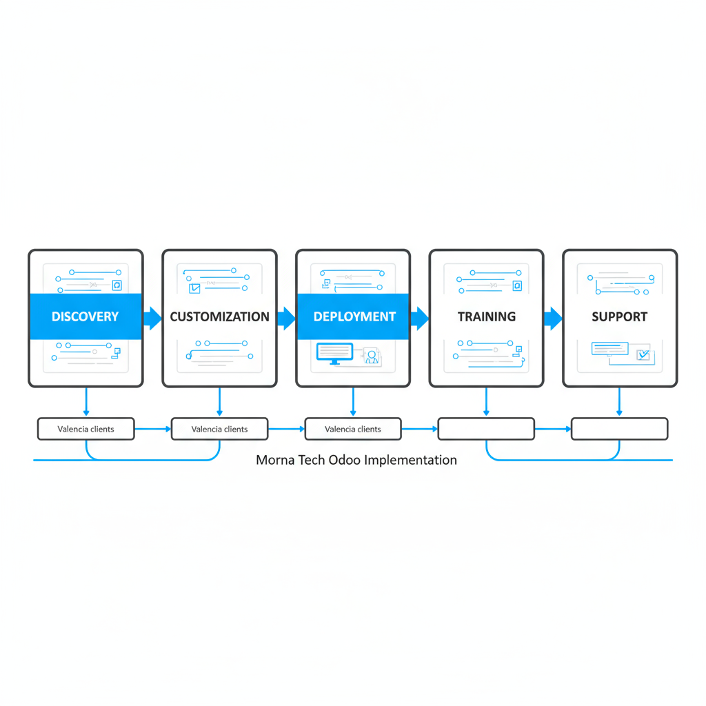 Process flow demonstrating Morna Tech's 5-stage Odoo implementation, highlighting discovery, customization, deployment, training, and support phases.