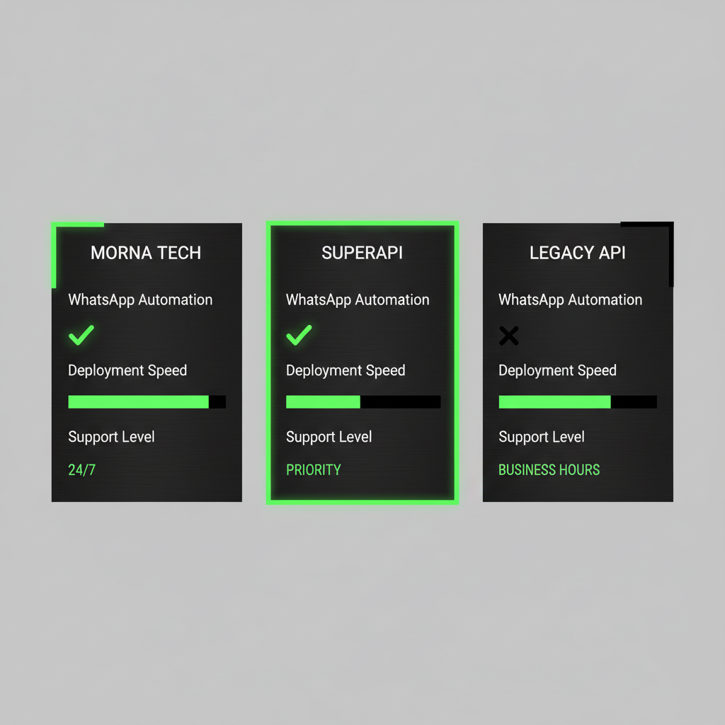 Infographic comparing Morna Tech's SuperAPI features: WhatsApp automation, deployment speed, and support levels, highlighting key differentials.