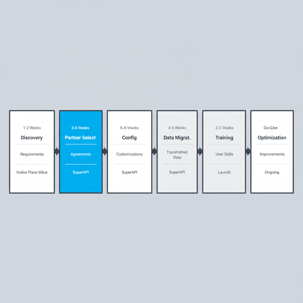 Horizontal process flow depicting Morna Tech's 7-stage implementation roadmap: Discovery, Partner Selection, Configuration, Data Migration, Training, Go-Live, and Post-Launch Optimization, with timelines and Odoo/SuperAPI value highlighted.