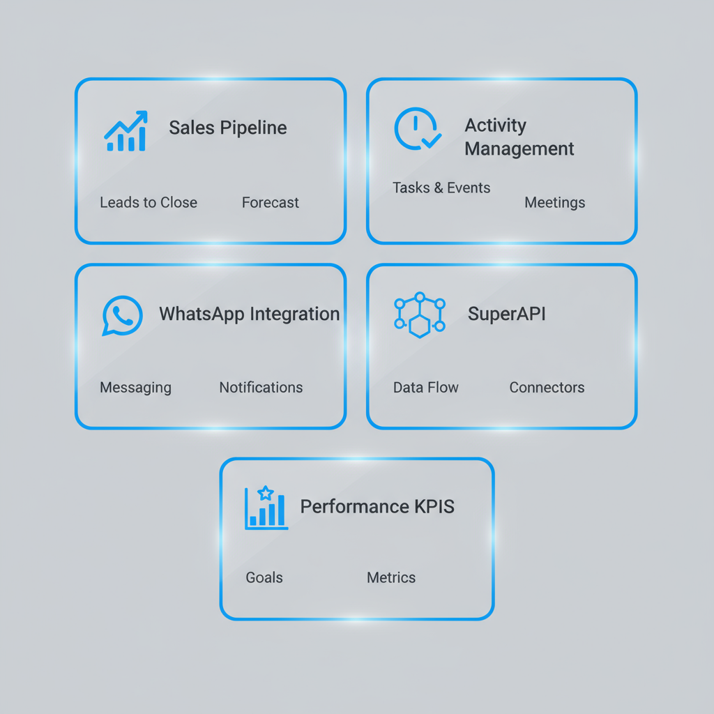 Infographic showing CRM modules, SuperAPI, and AI enhancements for Salvadoran SMEs, with icons for sales pipeline, activity management, WhatsApp integration, and performance KPIs.